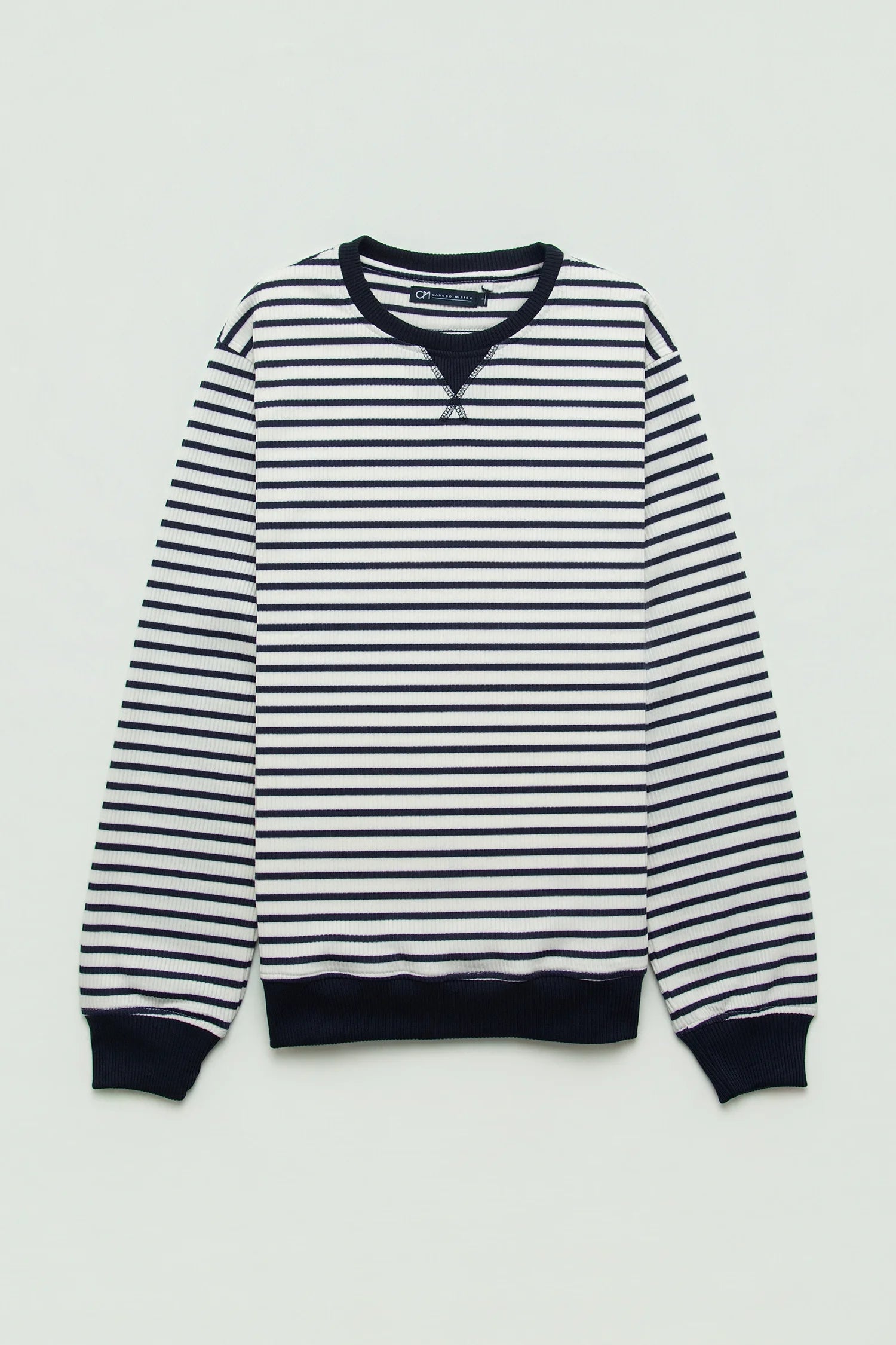 Crewneck Plisado Algodón Raya Azul Oscuro