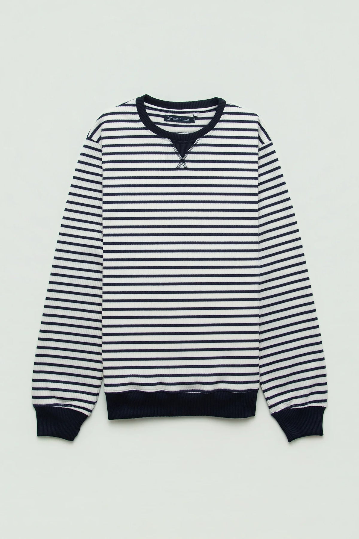 Crewneck Plisado Algodón Raya Azul Oscuro