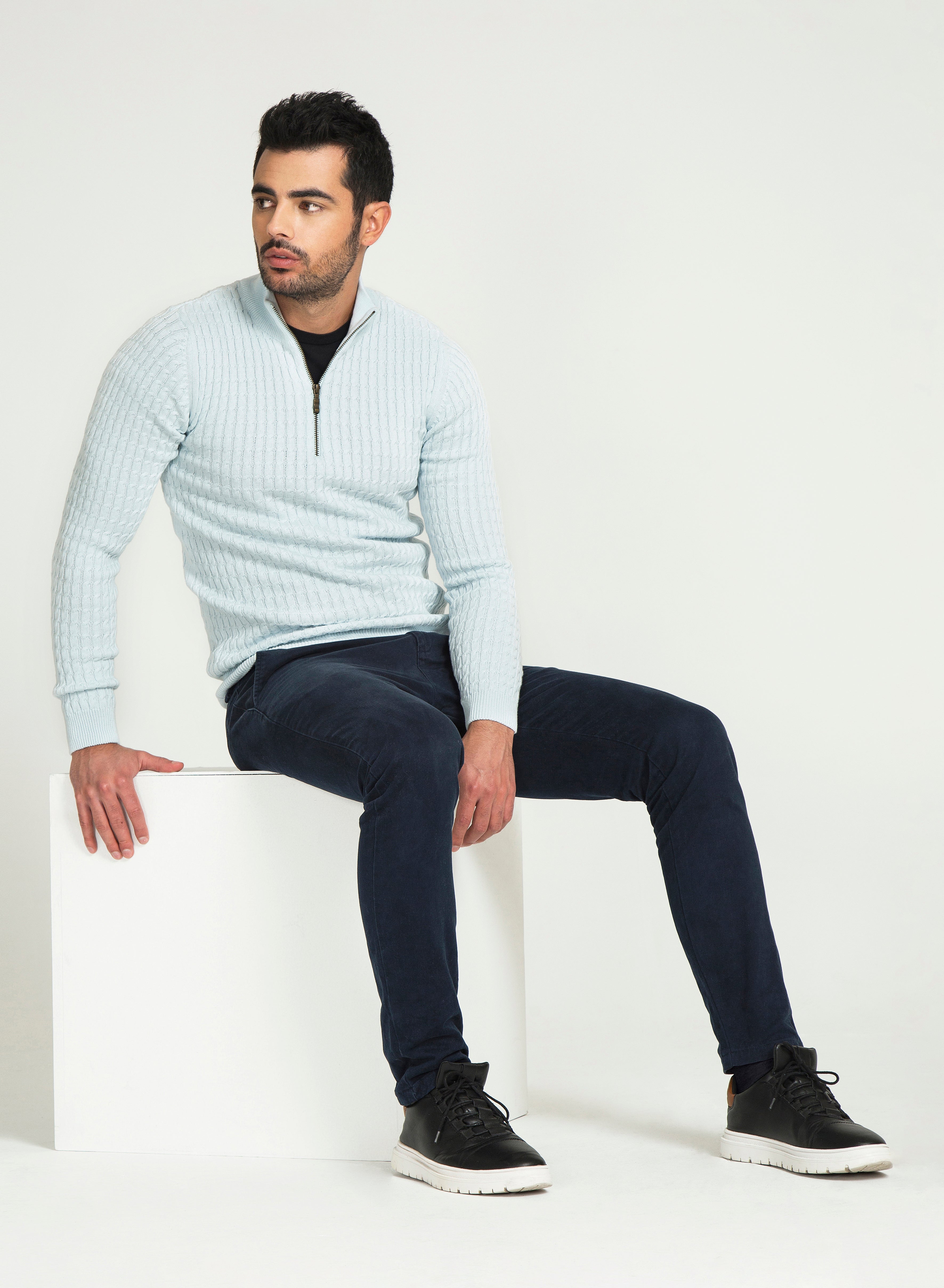 Saco Trenzado Half Zip Algodón Azul Cielo